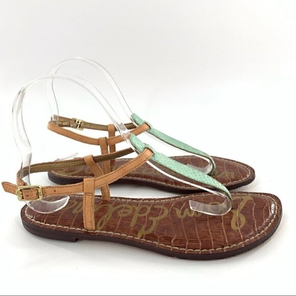 Sam Endelman Gigi sandals size 6 37 tan green snakeskin print leather t-strap - Picture 3 of 14